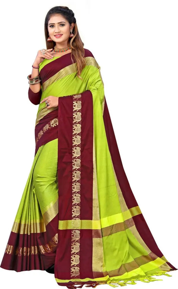 LEMON GREEN & BROWN SOFT COTTON SILK CITRUS EARTH BLOOM SAREE