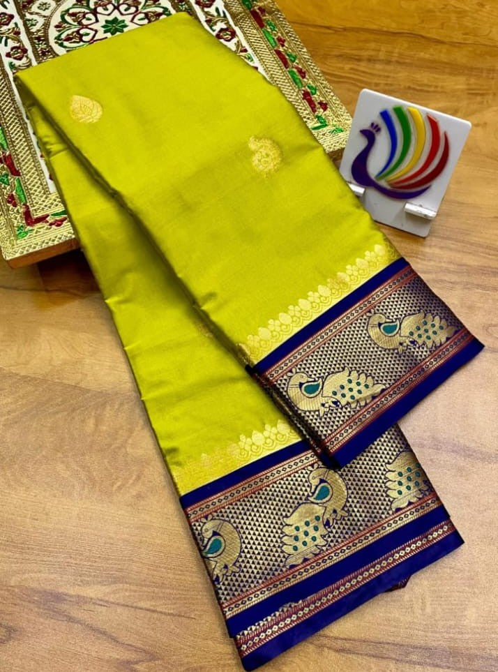 PEACOCK LEMON GREEN & NAVY BLUE SOFT COTTON SILK  OCEAN SPARK SAREE