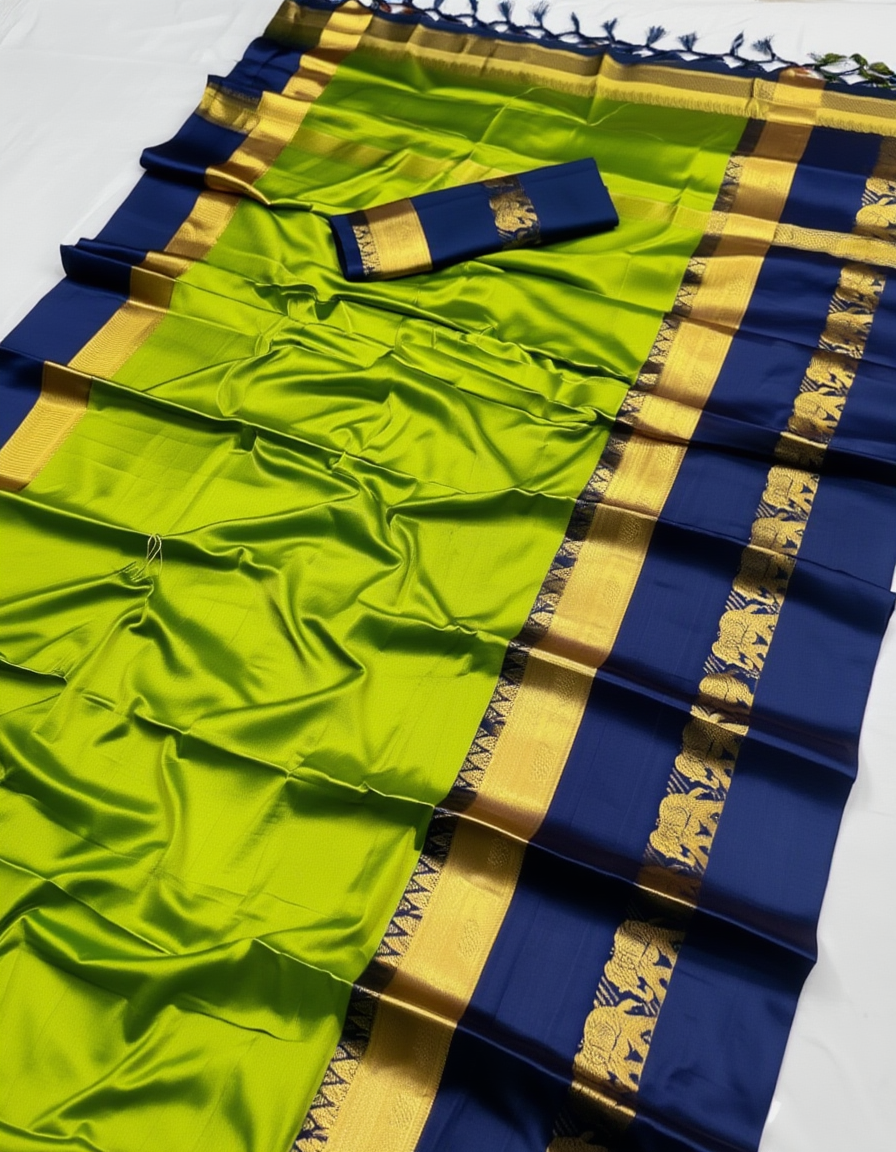 ELEPHANT BORDER LEMON GREEN & BLUE SOFT COTTON SILK CITRUS OCEAN HARMONY  SAREE