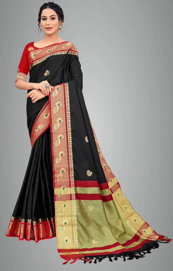 PEACOCK BLACK & RED SOFT COTTON SILK CRIMSON NOIR FUSION SAREE FOR WOMEN