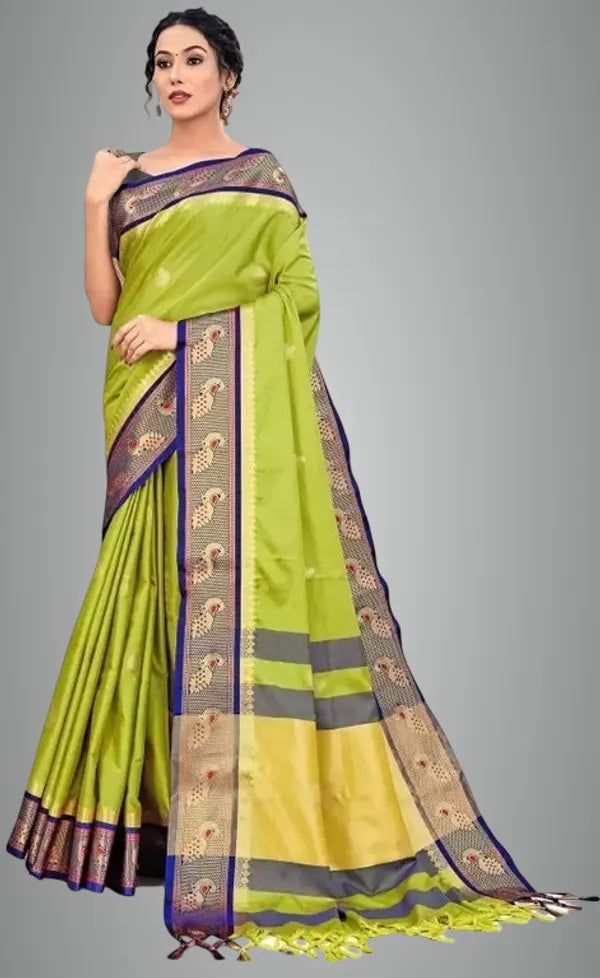 PEACOCK LEMON GREEN & NAVY BLUE SOFT COTTON SILK  OCEAN SPARK SAREE