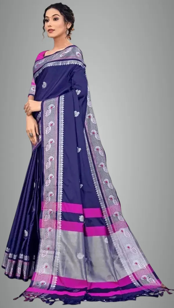 PEACOCK NAVY BLUE SOFT COTTON SILK SAPPHIRE NIGHTFALL CHARM SAREE FOR WOMEN