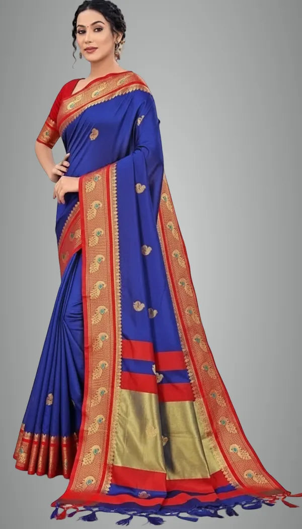 NAVY BLUE & RED SOFT COTTON SILKNAUTICAL RUBY SPARK SAREE
