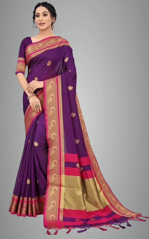 PEACOCK PURPLE&PINK SOFT COTTON SILK VIOLET ROSE SYMPHONY SAREE FOR WOMEN
