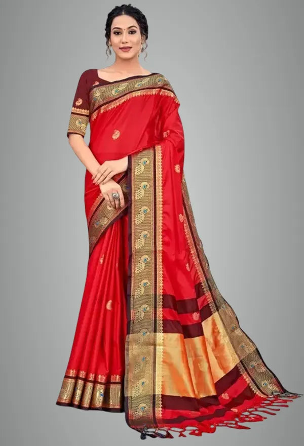 PEACOCK RED BLACK SOFT COTTON SILK CRIMSON SHADOW CHARM SAREE