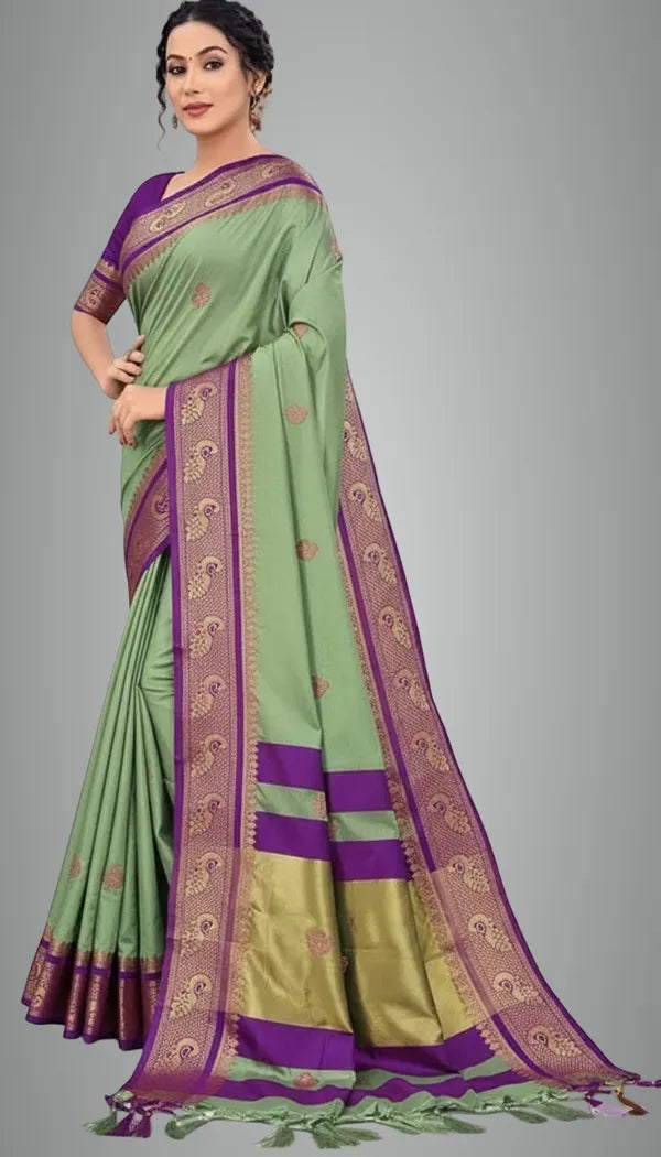 PEACOCK SAGE GREEN$ PURPEL SOFT COTTON SILK ORCHID WHISPER SAREE FOR WOMEN