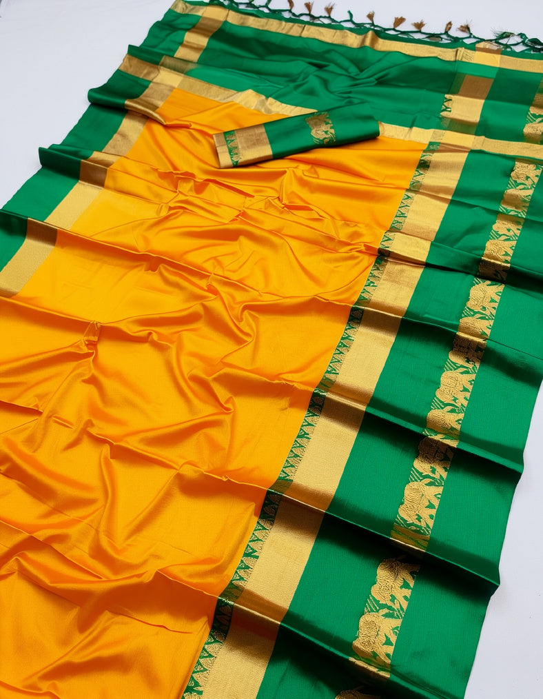 ELEPHANT BORDER Mango Green Soft Cotton Silk Tropical Emerald Whisper Saree For Women