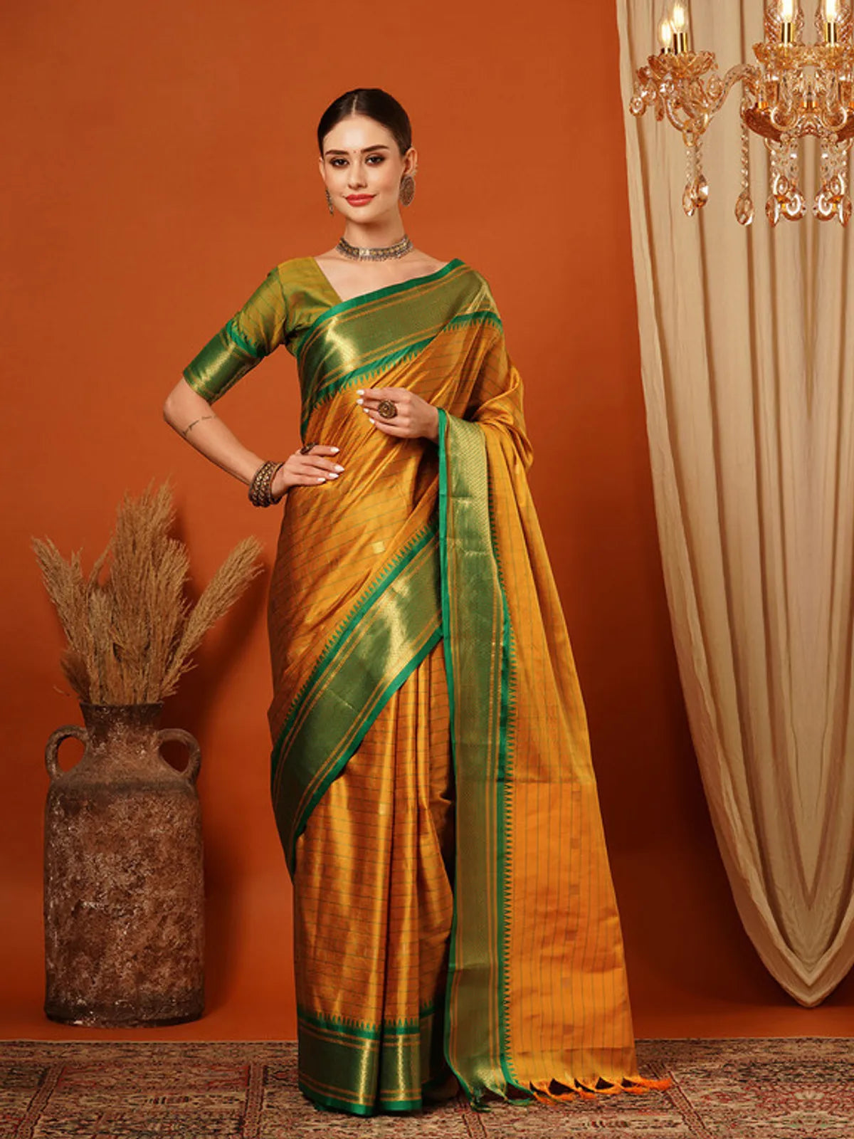 CHECKS Gold Green Soft Cotton Silk Forest Whisper Saree For Women