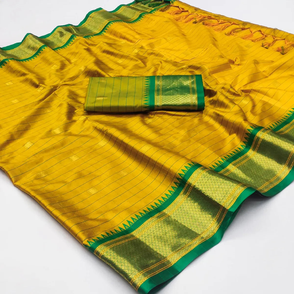 CHECKS Gold Green Soft Cotton Silk Forest Whisper Saree For Women