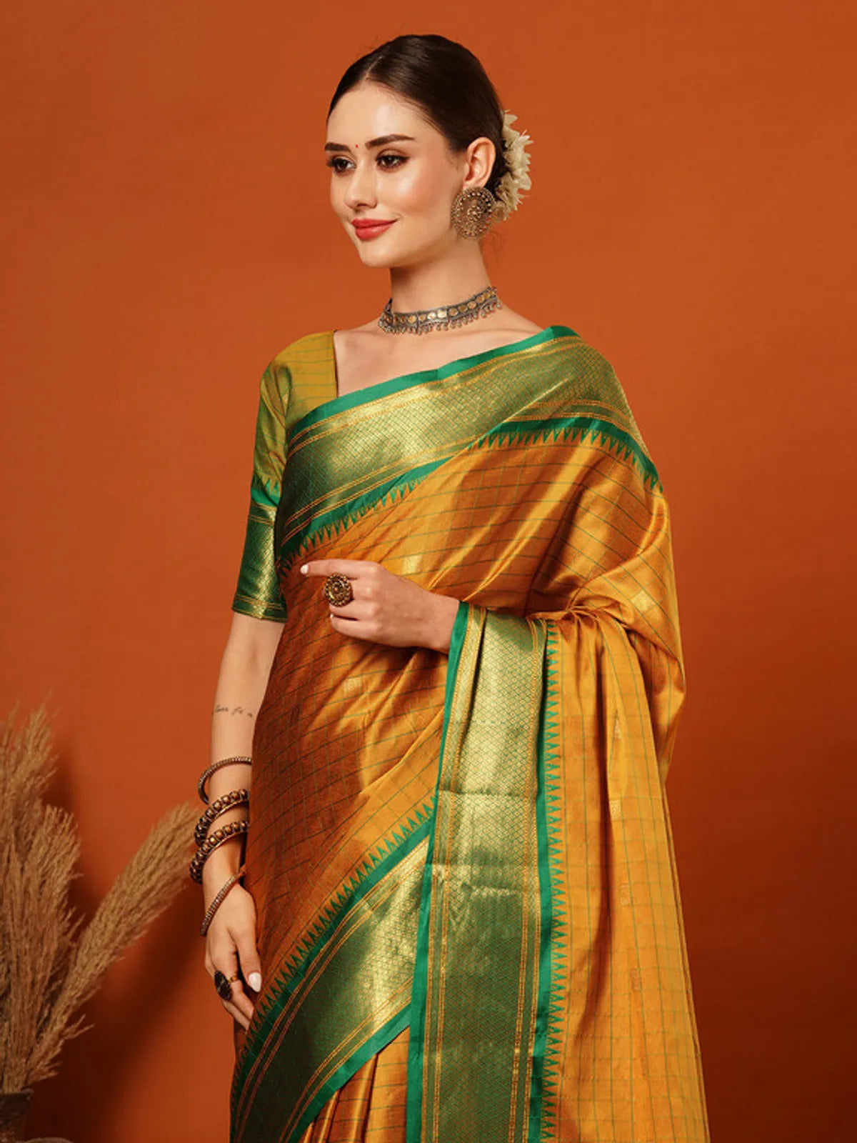 Gold Green Soft Cotton Silk Forest Whisper Saree For Women