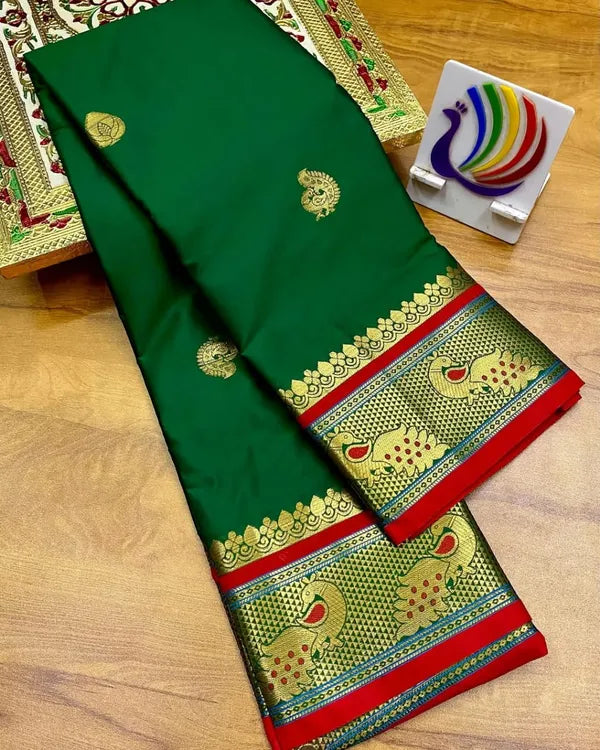 PEACOCK GREEN & RED SOFT COTTON SILKVERDANT RUBY BLOOM SAREE FOR WOMEN
