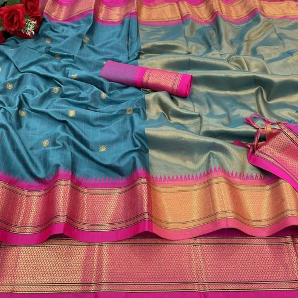 CHECKS Teal Blue & Pink Soft Cotton Silk Blush Mirage Saree For Women