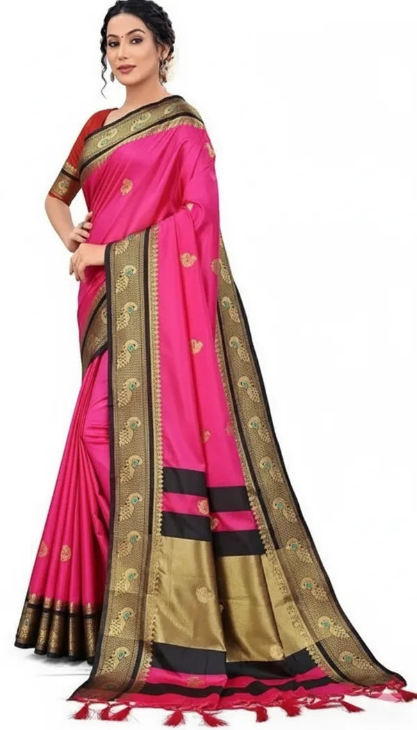 PEACOCK PINK &BLACK SOFT  COTTON SILK BLUSH SHADOW DREAM SAREE