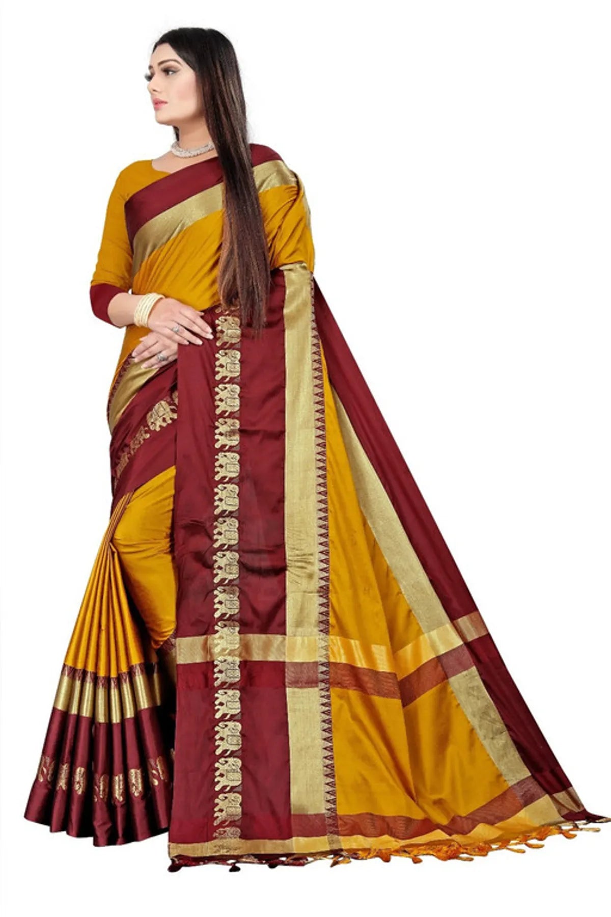 Mustard Yellow & Maroon  Soft Cotton Silk Heritage Grandeur Saree For Women