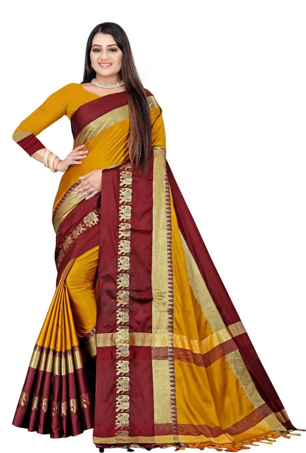 ELEPHANT BORDER Mustard Yellow & Maroon  Soft Cotton Silk Heritage Grandeur Saree For Women