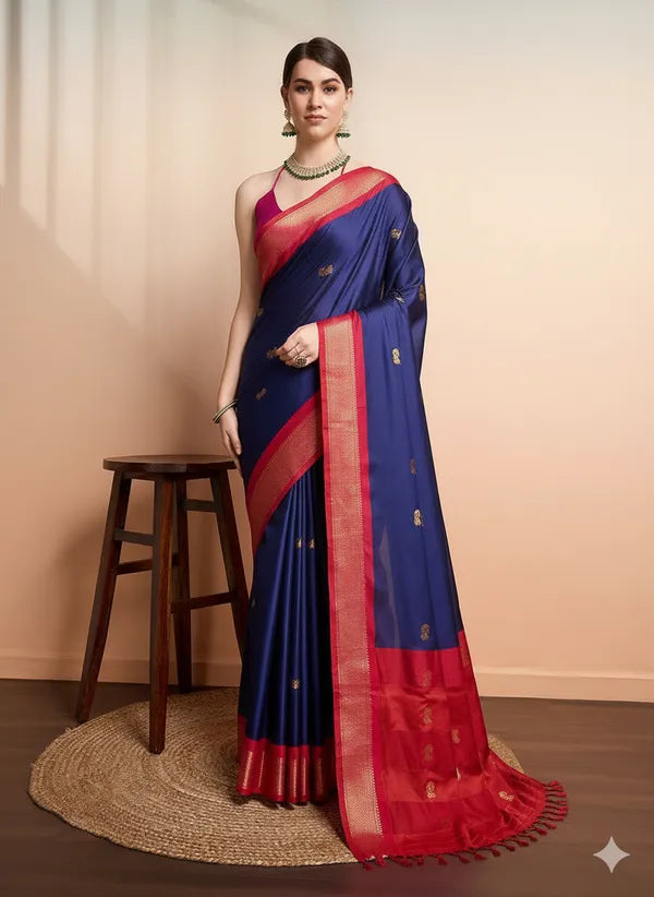 PAITHANI SOLID NAVY BLUE RED SOFT COTTON SILK NAUTICAL RUBY CHARM SAREE