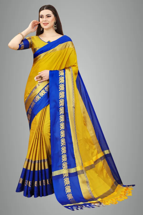 GOLD BLUE SOFT COTTON SILK SAPPHIRE RADIANCE SAREE FOR WOMEN