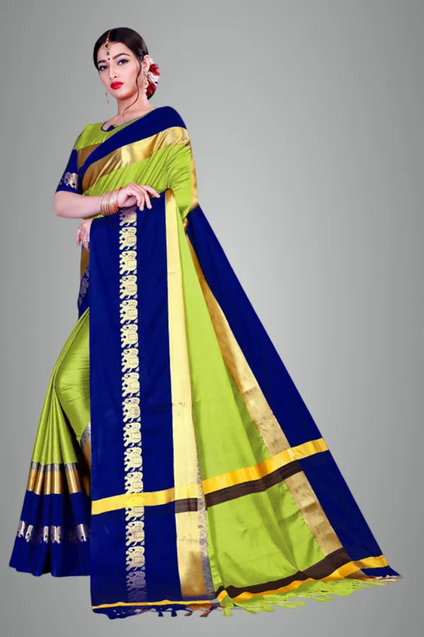 ELEPHANT BORDER LEMON GREEN & BLUE SOFT COTTON SILK CITRUS OCEAN HARMONY  SAREE