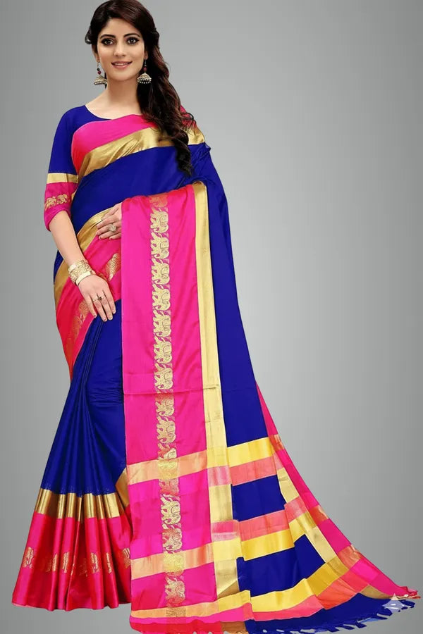 ELEPHANT BORDER NAVY BLUE &PINK SOFT COTTON SILK MARINE BLUSH BLOOM SAREE FOR WOMEN