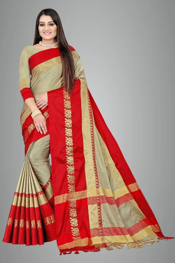ELEPHANT BORDER TUSAR RED SOFT COTTON SILK CRIMSON ELEGANCE SAREE FOR WOMEN