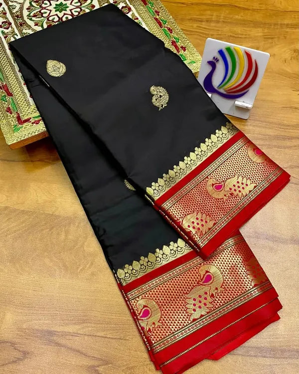 PEACOCK BLACK & RED SOFT COTTON SILK CRIMSON NOIR FUSION SAREE FOR WOMEN