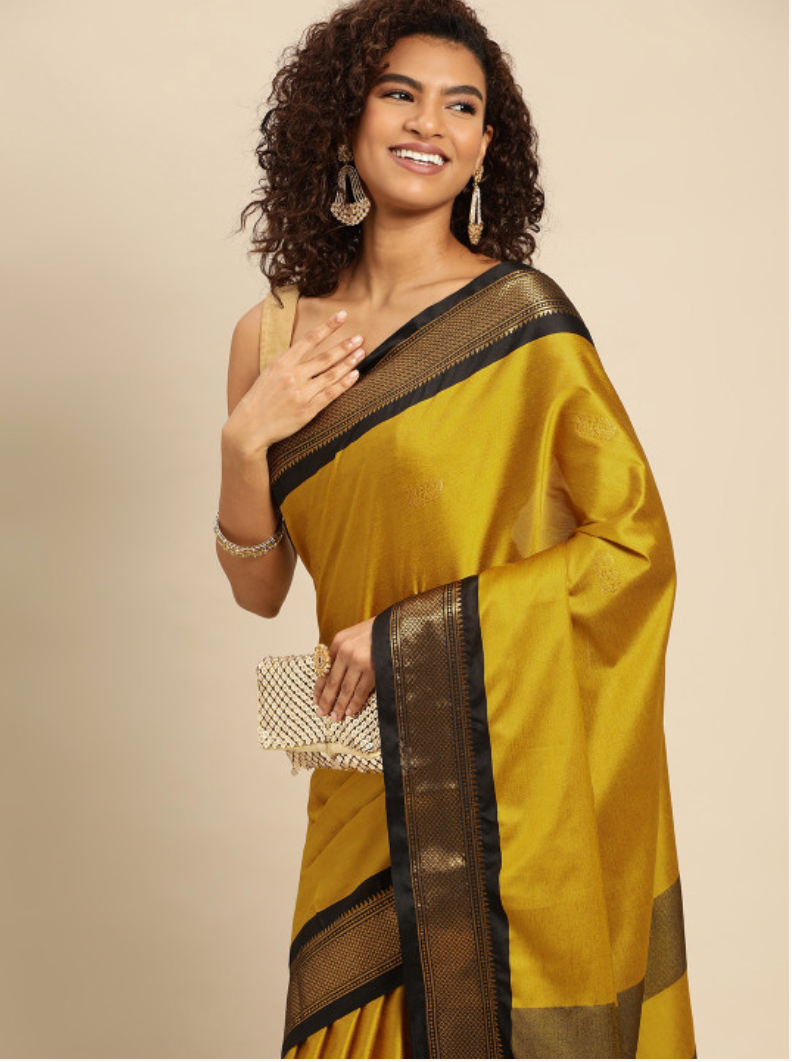Mustard Solid Traditional Banarsi Zari Border Silk Saree