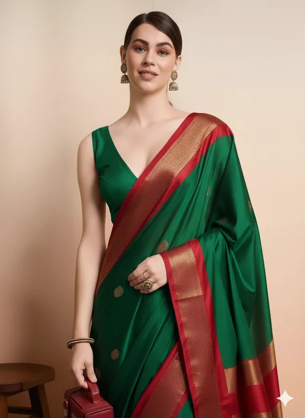 PAITHANI SOLID GREEN RED SOFT COTTON SILK VERDANT RUBY WHISPER SAREE