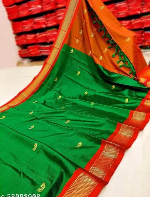 PAITHANI SOLID GREEN RED SOFT COTTON SILK VERDANT RUBY WHISPER SAREE