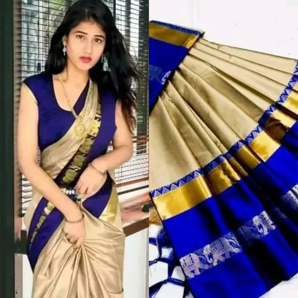 ELEPHANT BORDER TUSAR SKY BLUE SOFT COTTON SILK MIRAGE SAREE
