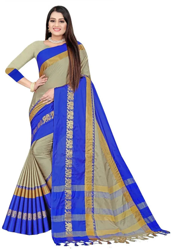 ELEPHANT BORDER TUSAR SKY BLUE SOFT COTTON SILK MIRAGE SAREE