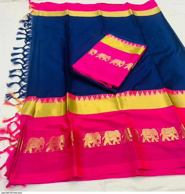 ELEPHANT BORDER NAVY BLUE &PINK SOFT COTTON SILK MARINE BLUSH BLOOM SAREE FOR WOMEN