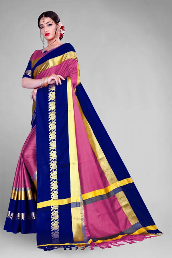BABY PINK&SKY BLUE SOFT COTTON SILK COTTON DELIGHT SAREE FOR WOMEN