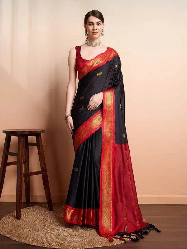 BLACK RED SOFT COTTON SILK MIDNIGHT CRIMSON SAREE FOR WOMEN