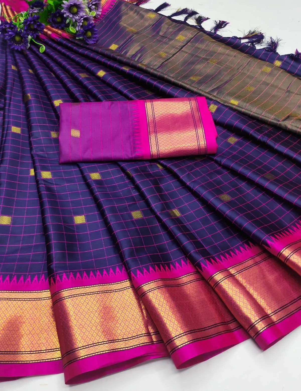 CHECKS Navy Blue Pink Soft Cotton Silk Ocean Rose Delight Saree For Women