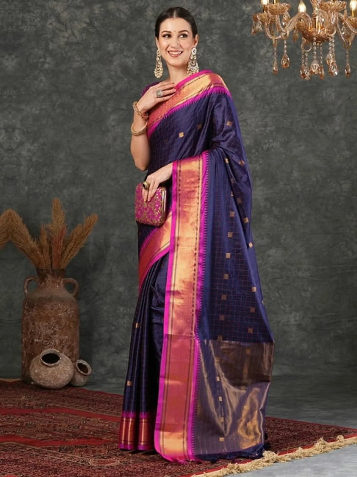 CHECKS Navy Blue Pink Soft Cotton Silk Ocean Rose Delight Saree For Women