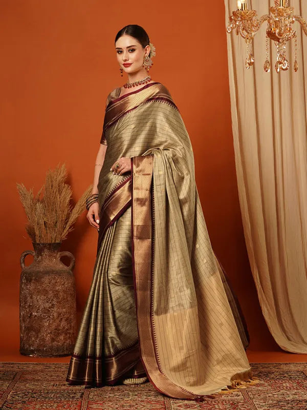 BEIGE & MAROON SOFT COTTON SILK  ROYAL MIRAGE SAREE