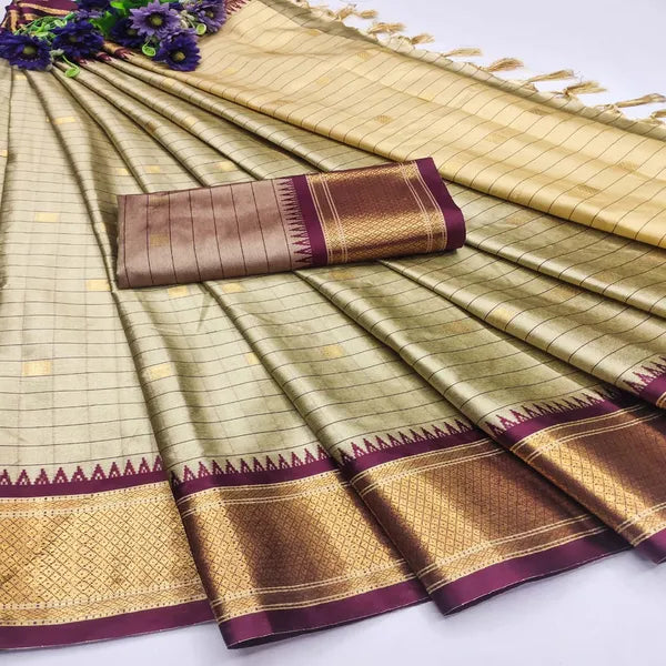 CHECKS BEIGE & MAROON SOFT COTTON SILK  ROYAL MIRAGE SAREE