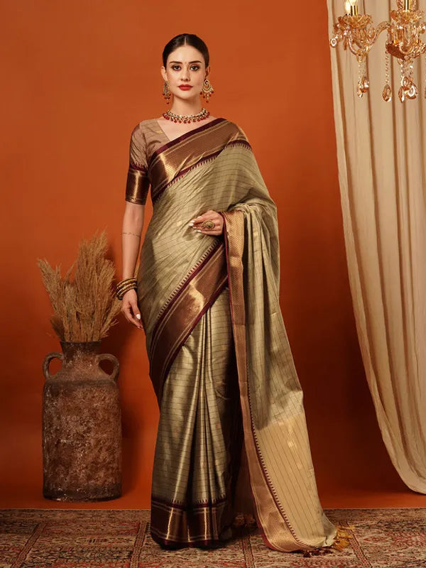 BEIGE & MAROON SOFT COTTON SILK  ROYAL MIRAGE SAREE
