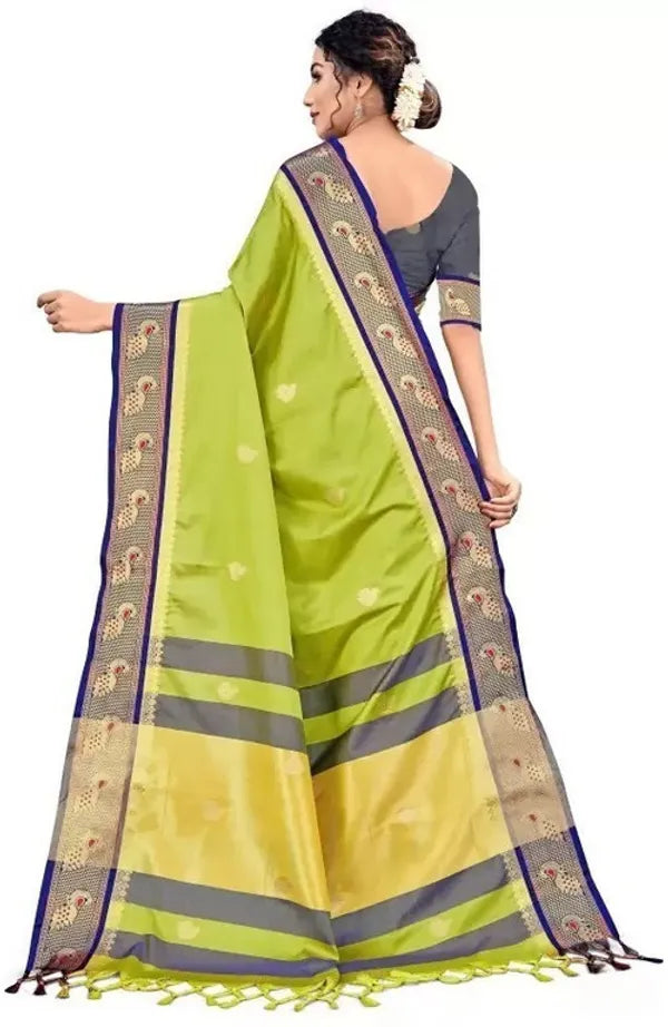 LEMON GREEN & NAVY BLUE SOFT COTTON SILK  OCEAN SPARK SAREE