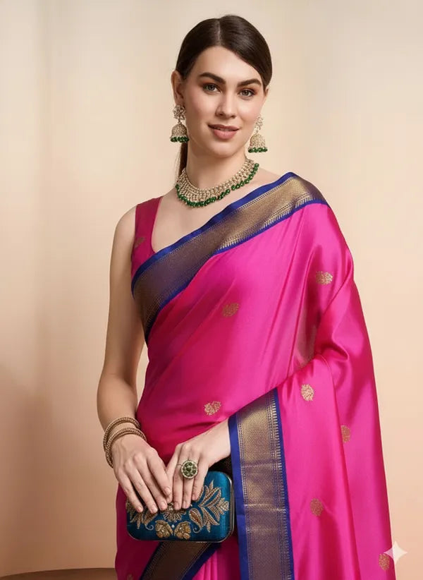 PAITHANI SOLID PINK BLUE SOFT COTTON SILK ROSE SKY SERENITY SAREE FOR WOMEN