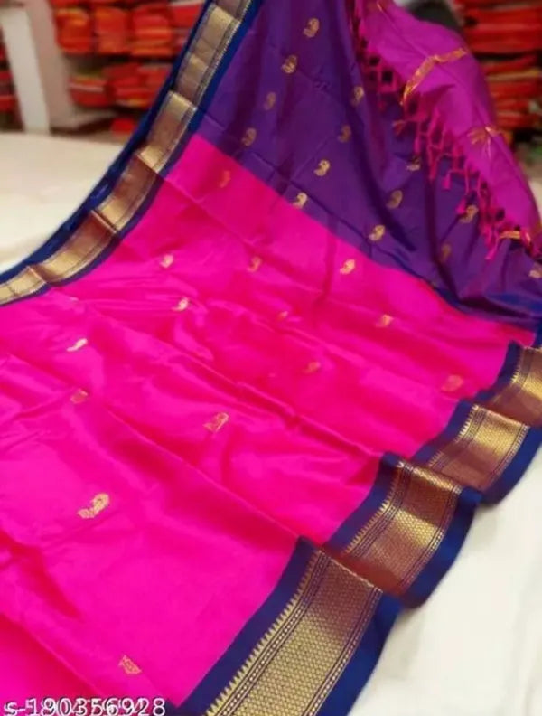 PAITHANI SOLID PINK BLUE SOFT COTTON SILK ROSE SKY SERENITY SAREE FOR WOMEN
