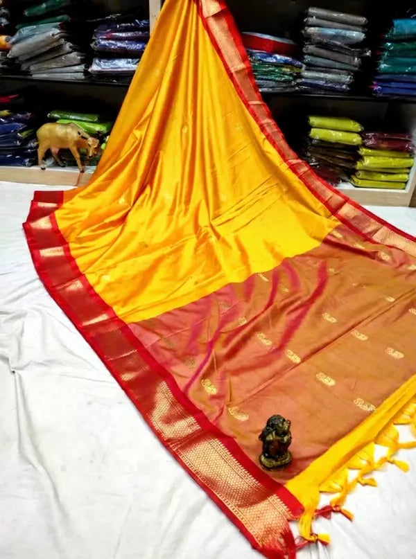 PAITHANI SOLID MANGO RED SOFT COTTON SILK BLOSSOM DREAM SAREE