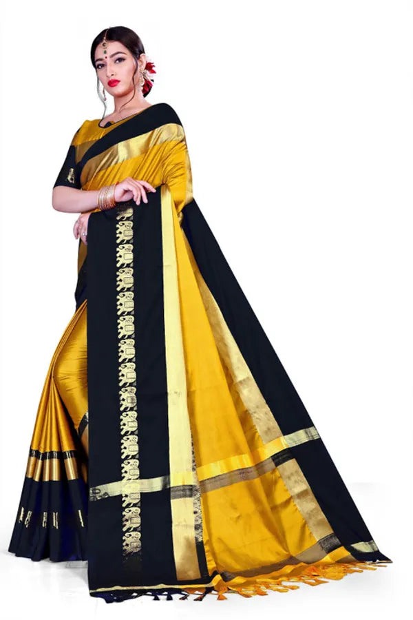 GOLD & BLACK SOFT COTTON SILK SUNBURST & SHADOW SAREE