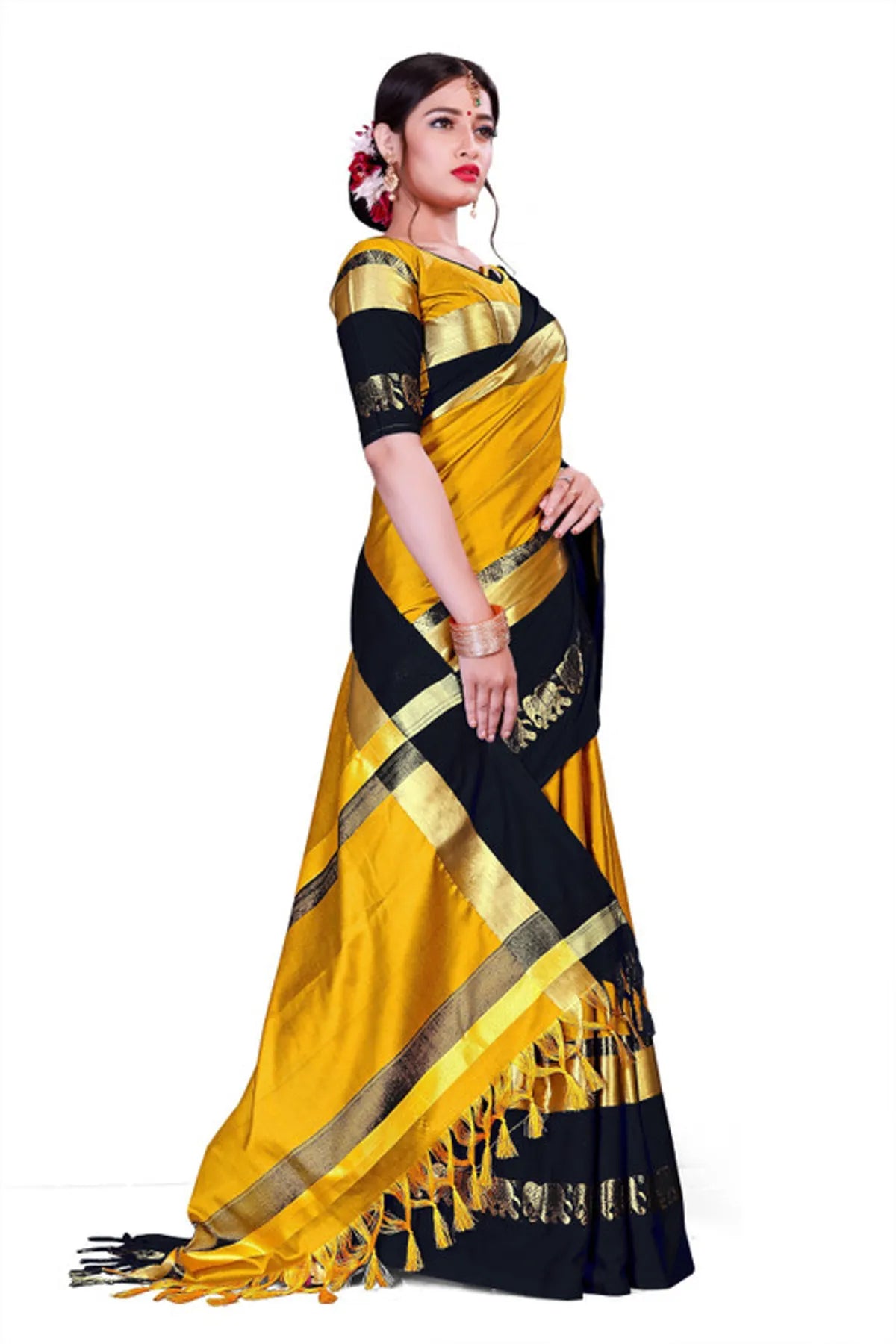 Gold & Black  Soft Cotton Silk Sunburst & Shadow Saree For Women