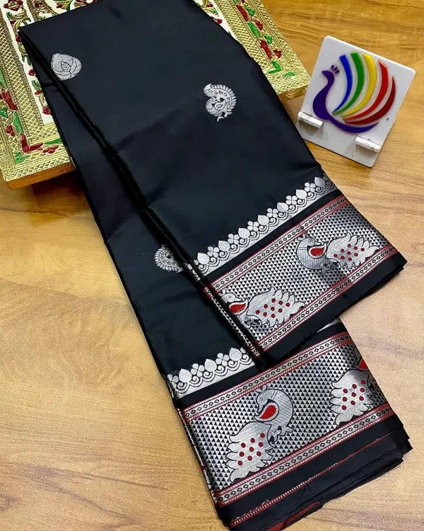 PEACOCK BLACK SOFT COTTON SILK MIDNIGHT NOIR GRACE SAREE FOR WOMEN