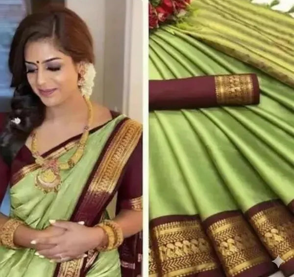 BIRD BORDER (CHIDIYA) SAGE GREEN BROWN SOFT COTTON SILK MOCHA MIST SAREE FOR WOMEN