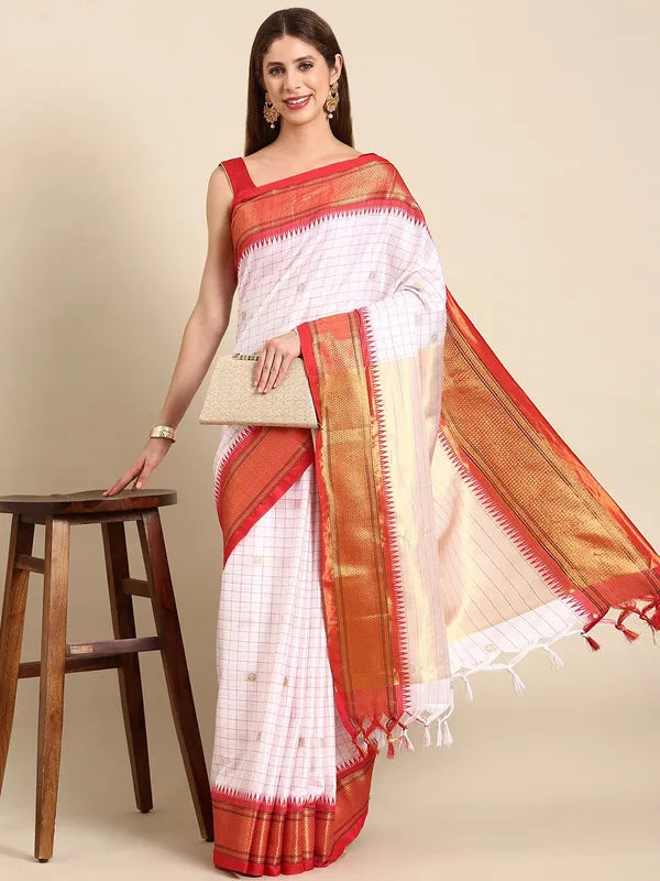 CHECKS WHITE & RED SOFT COTTON SILK IVORY RUBY RADIANCE SAREE