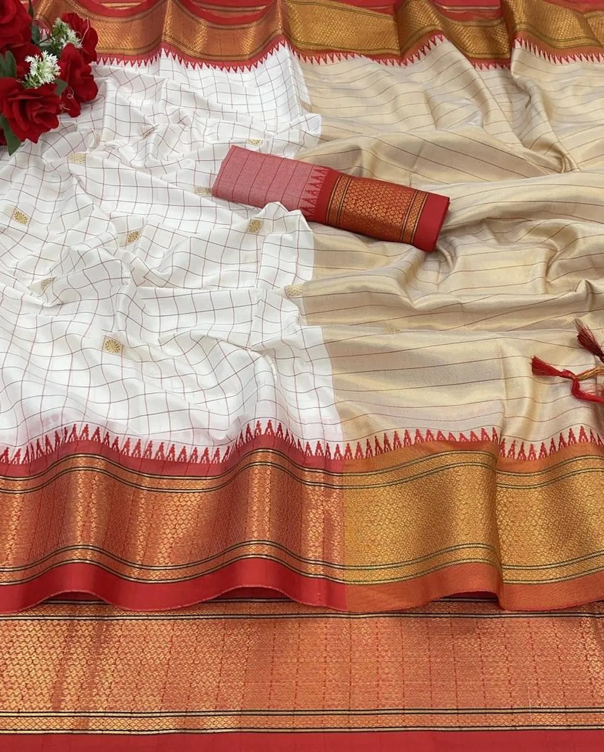 CHECKS White & Red Soft Cotton Silk Ivory Ruby Radiance Saree For Women