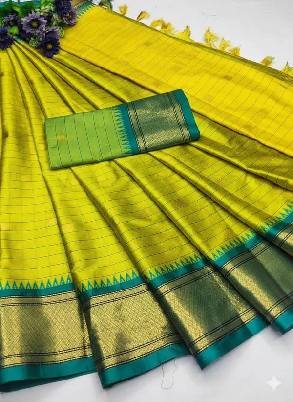 CHECKS BRIGHT YELLOW &GREEN SOFT COTTON SILK SUNLIT MEADOW GLOW SAREE
