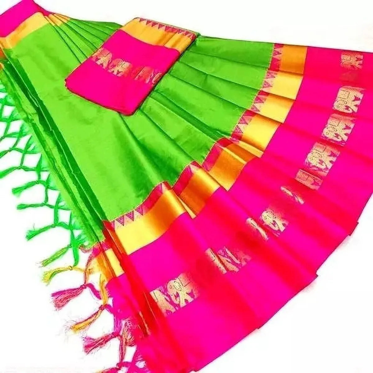 ELEPHANT BORDER Neon Green and Hot Pink Soft Cotton Silk Electric Fusion Saree For Women